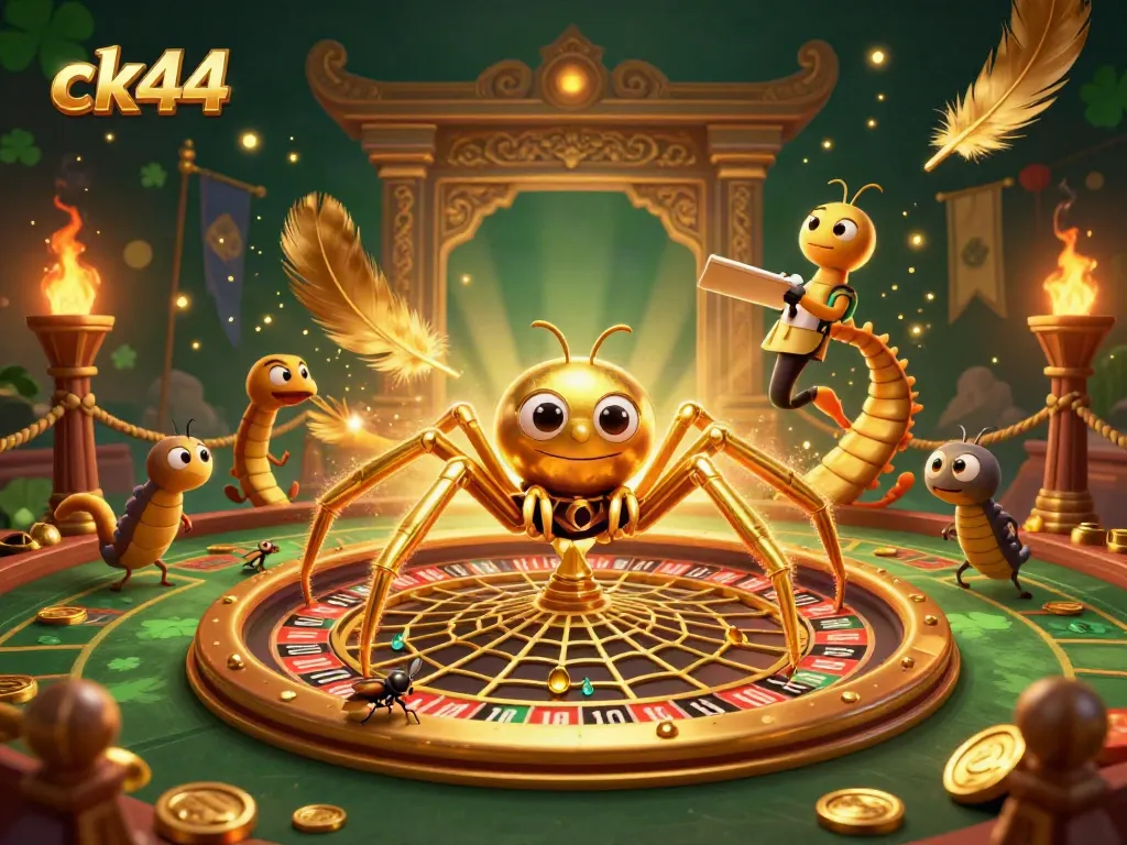 Experience thrilling gameplay with ck44 as a golden spider spins a roulette wheel web, enticing bets.