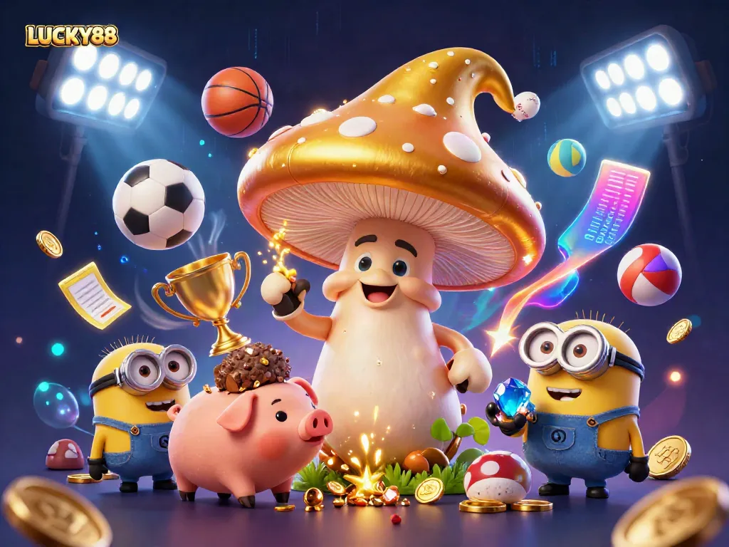 Experience LUCKY88's magic with a golden mushroom wizard and dynamic sports elements in a 3D illustration.