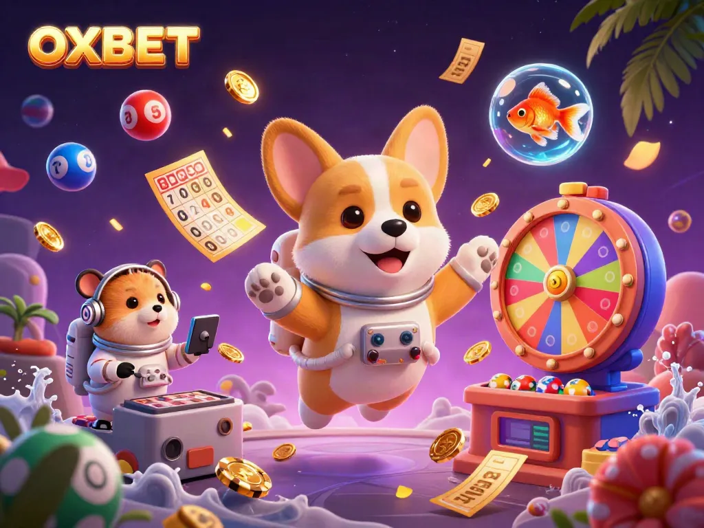 Experience exciting gameplay at OXBET with a vibrant 3D animated casino scene featuring a floating corgi and casino elements.
