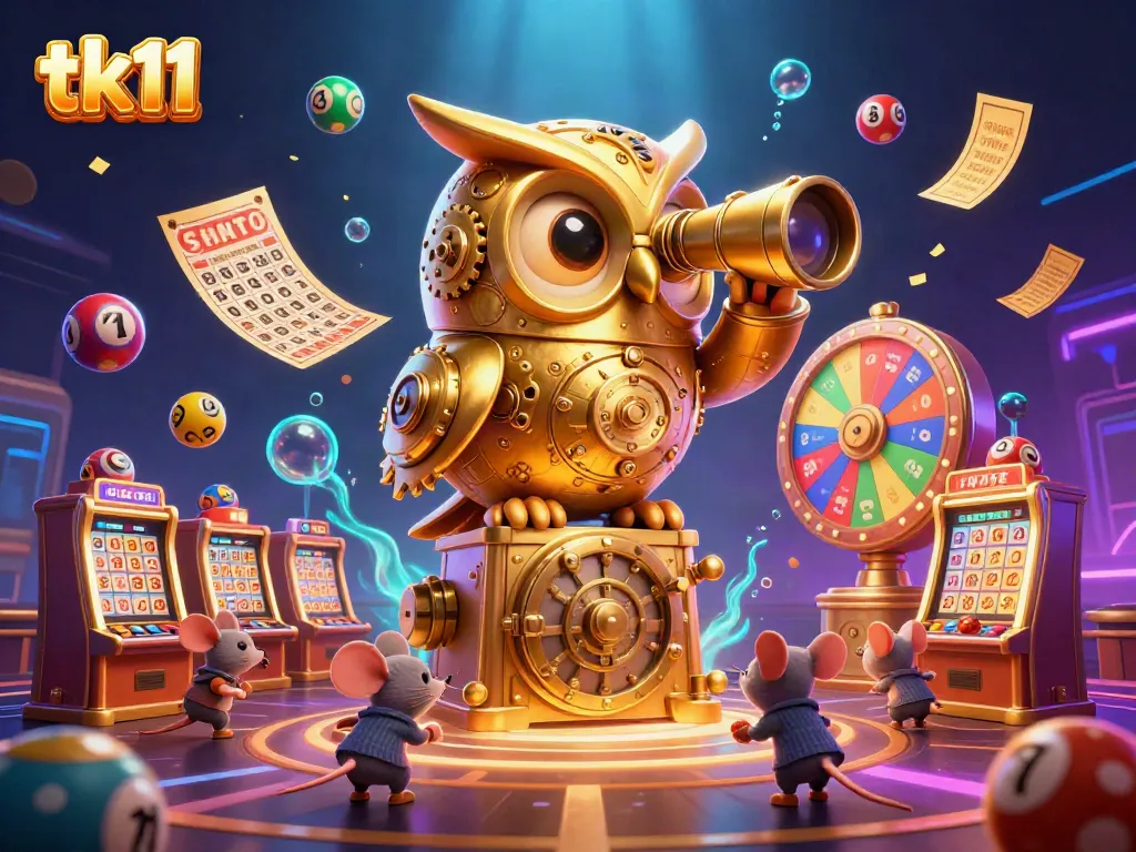 Engaging tk11-themed illustration showcasing vibrant casino elements with a golden owl and playful mice.