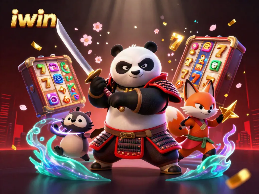 Experience thrilling slot action with iwin featuring a samurai panda and ninja fox amidst vibrant golden reels.