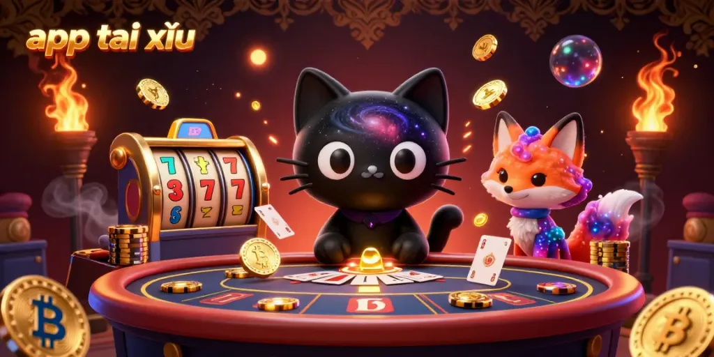Engaging illustration of app tài xỉu showcasing a black hole cat and nebula fox in a cosmic casino.