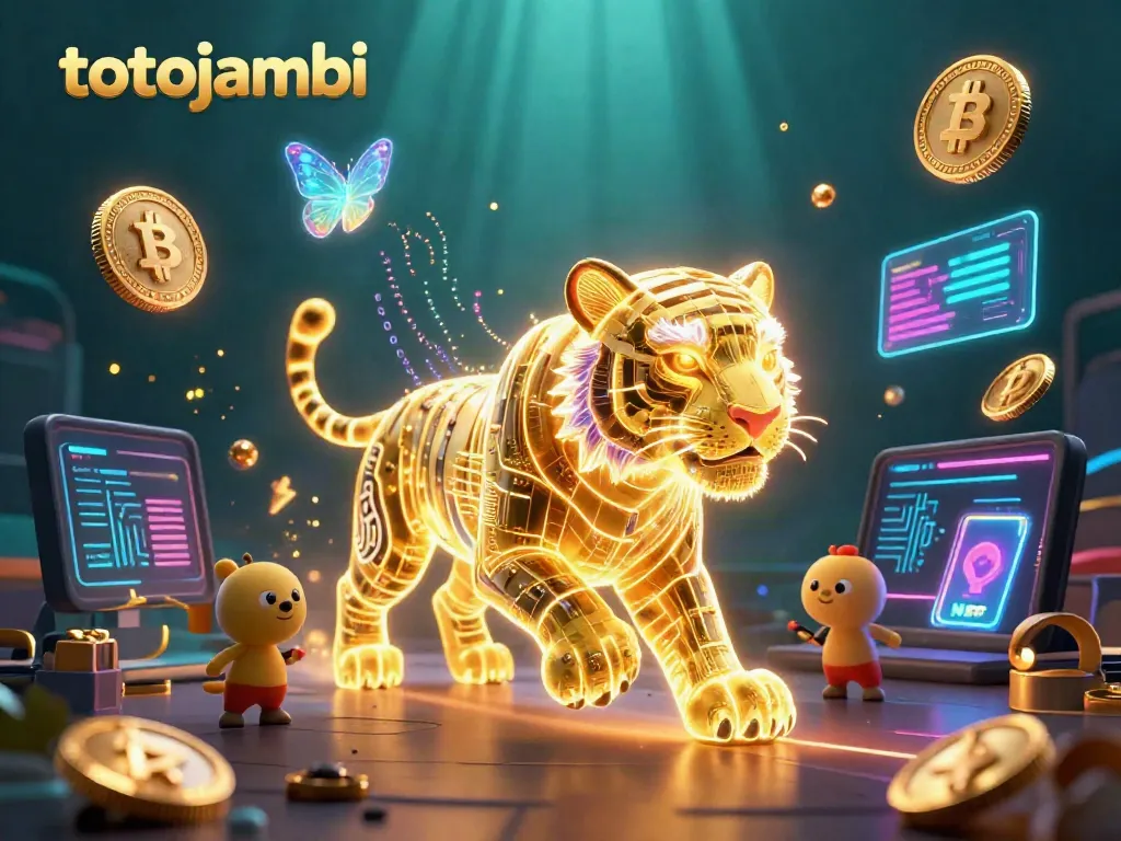 Engage with the illuminating digital realm of totojambi as a golden tiger navigates a vibrant casino landscape.
