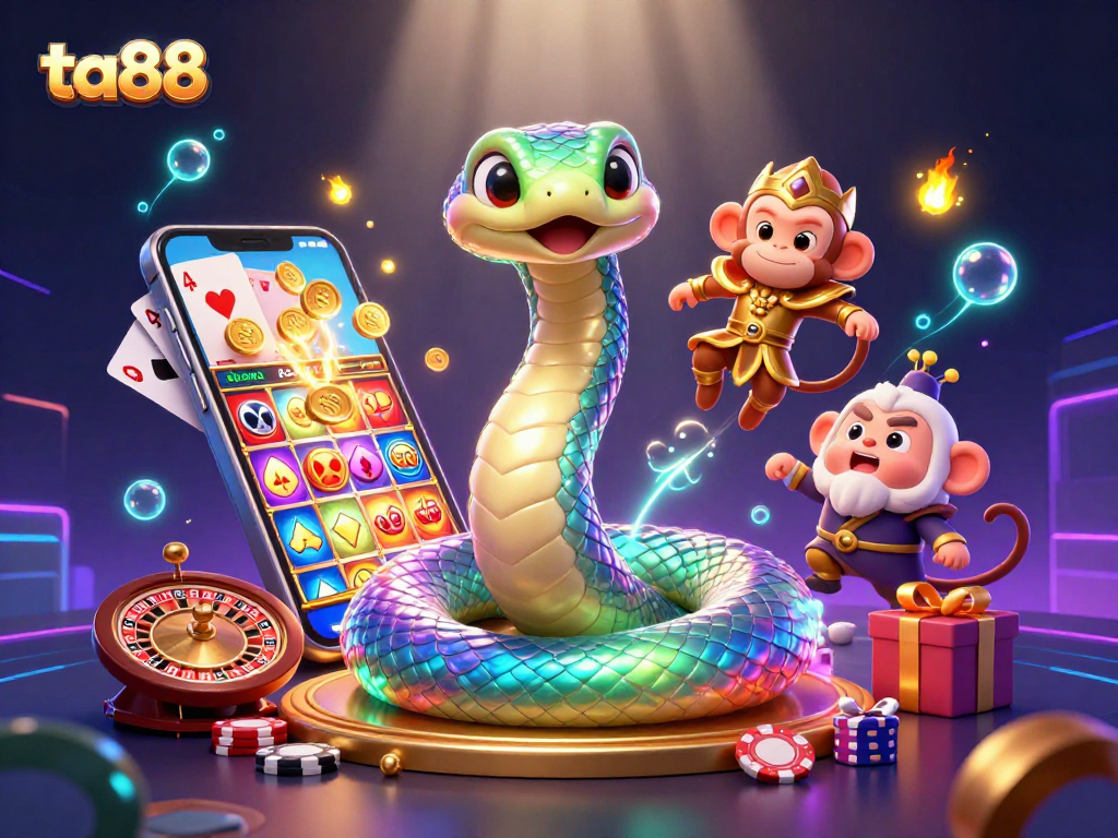 Spin to win with ta88's colorful 3D slot game illustration featuring dynamic characters and exciting game elements.