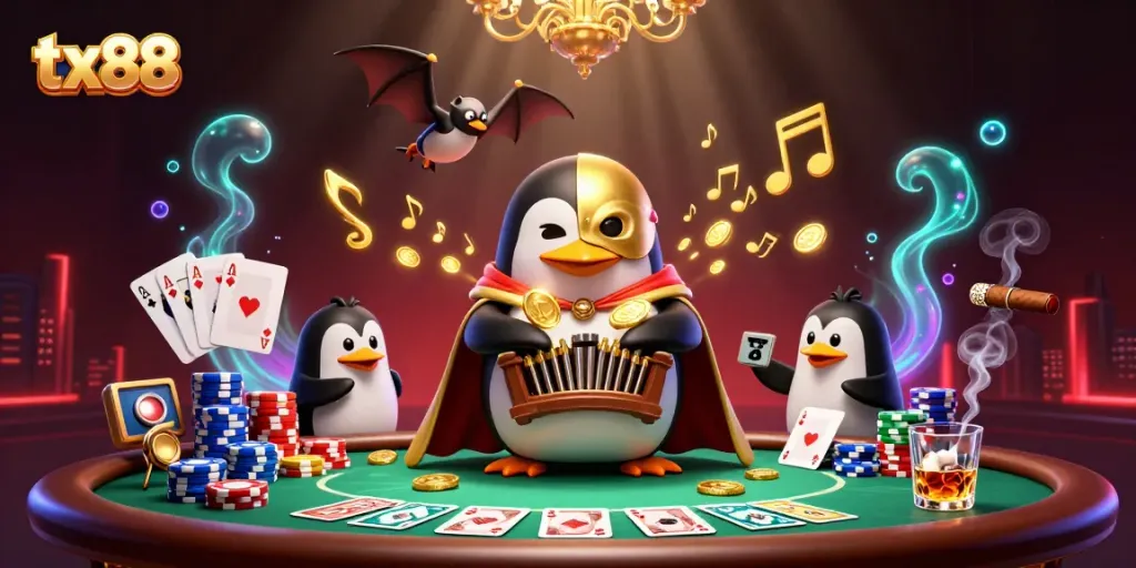 Experience the thrilling action at tx88 with a vibrant casino illustration featuring animated elements of poker and gold coins.